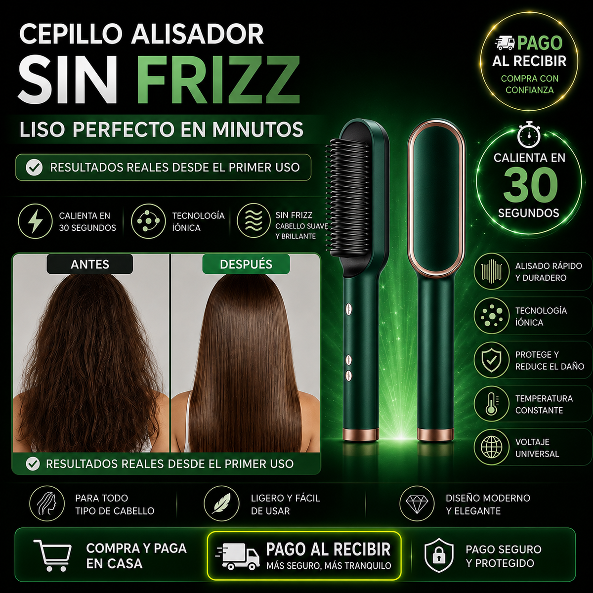 Cepillo Alisador Iónico VELURA® | Cabello Liso, Sedoso y Sin Frizz en 30 Segundos