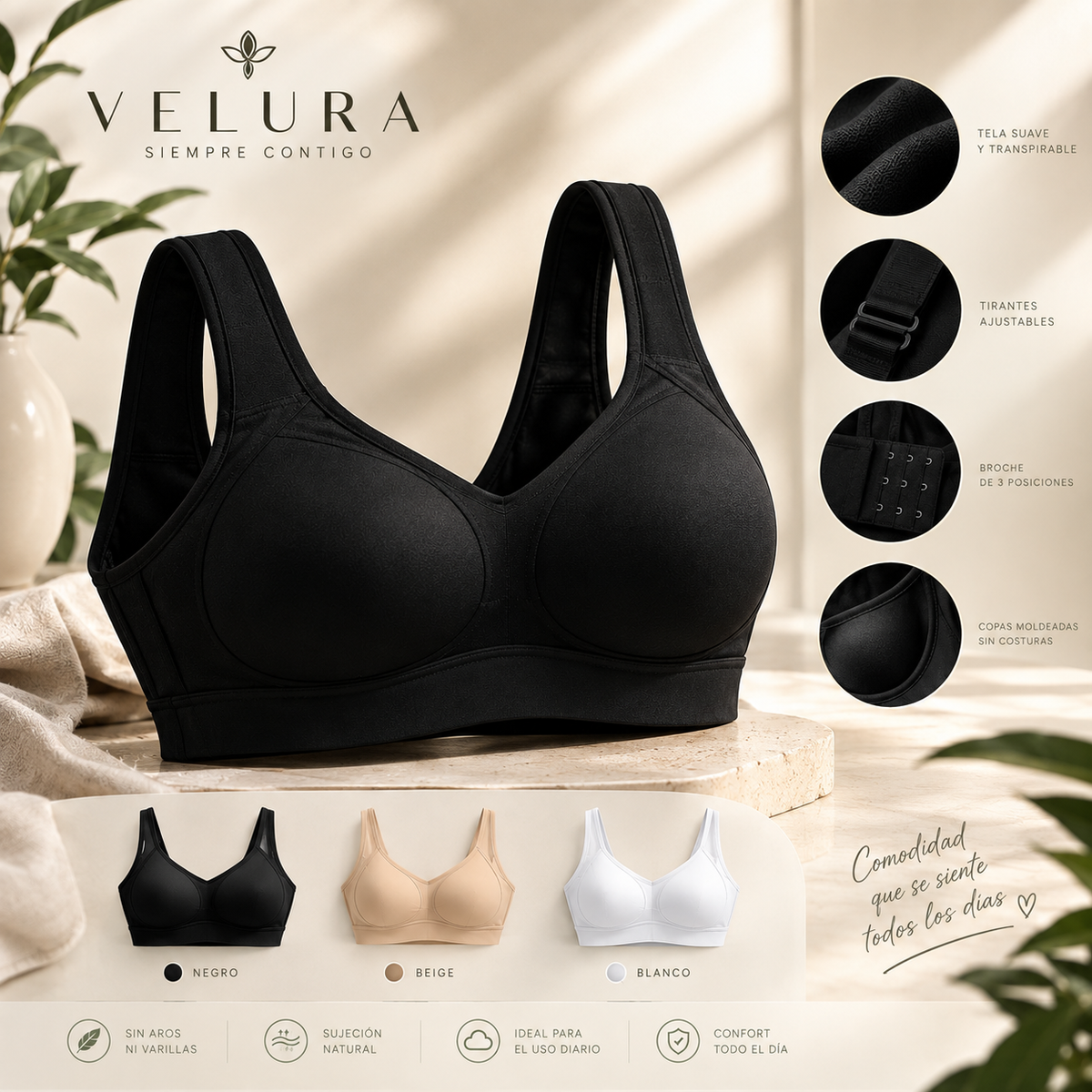 Sostén Premium VELURA® — Pack de 3, sin aros ni broches