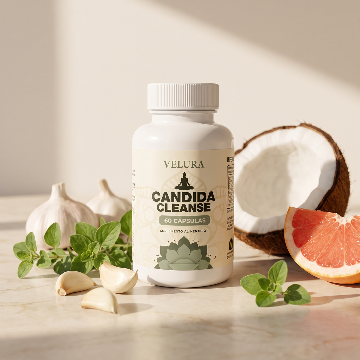 Candida Cleanse VELURA rodeado de ingredientes naturales — coco, orégano, ajo y pomelo