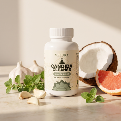 Candida Cleanse VELURA rodeado de ingredientes naturales — coco, orégano, ajo y pomelo