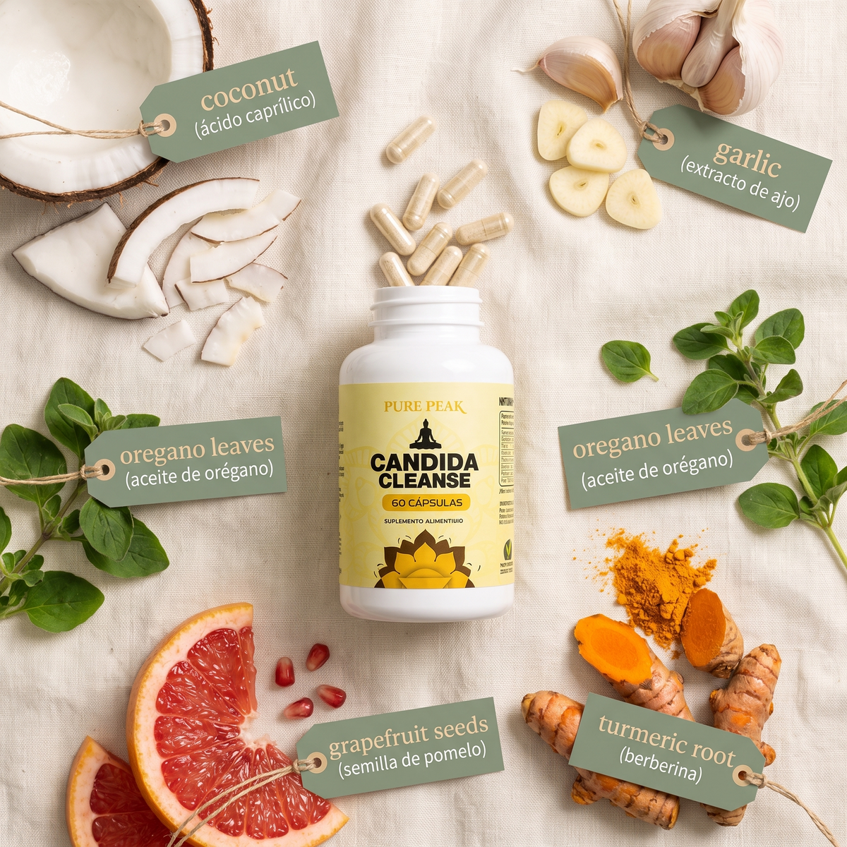Ingredientes activos de Candida Cleanse VELURA — ácido caprílico, ajo, orégano, pomelo y berberina